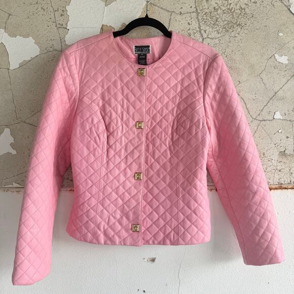 Belle Sport Jackets & Blazers - Vtg Leather Jacket Pink Quilted Collarless Womens XL 90s Barbiecore Coquette